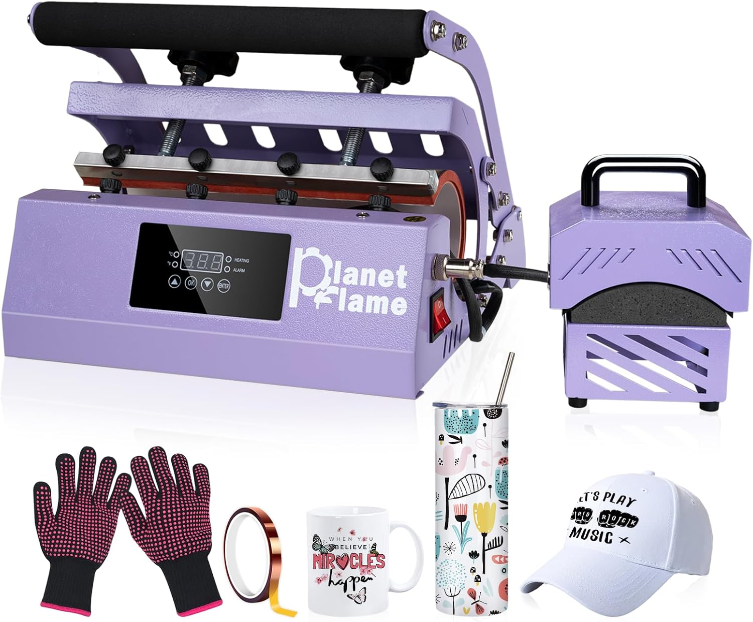PlanetFlame 2-in-1 tumbler and hat heat press machine, purple